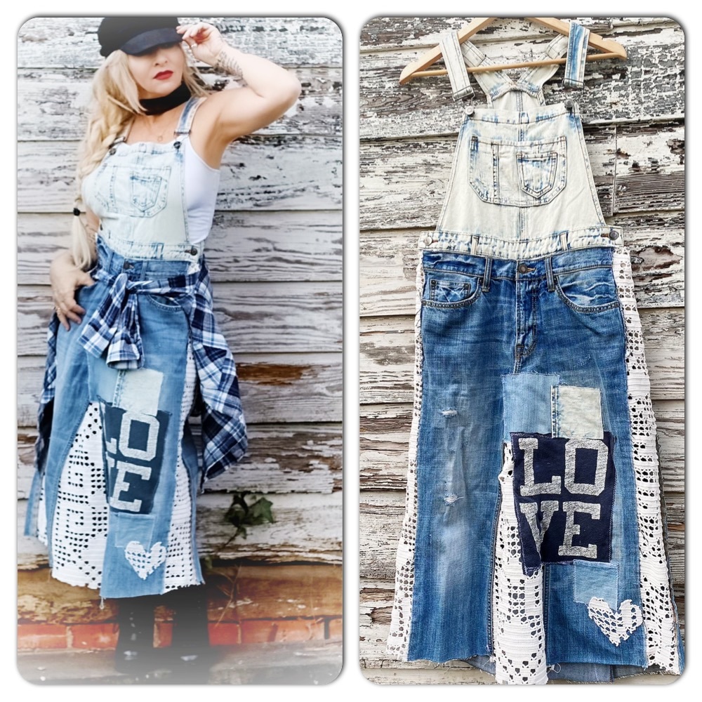 Free people upcycled denim jumper dress, boho M L